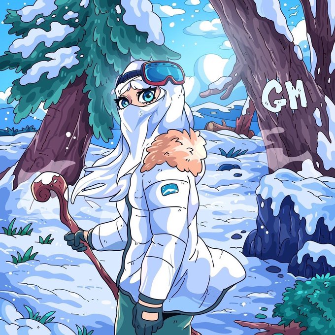 A digital illustration of an anime-style character dressed in a white winter outfit with ski goggles, holding a staff in a snowy forest landscape, with 'GM' text visible on a tree.
