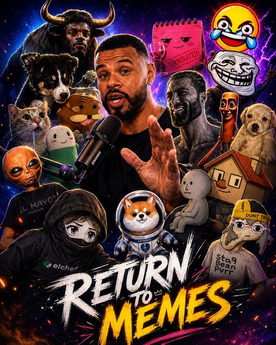A man speaks into a Shure microphone surrounded by a collage of internet meme characters and animals, including a crying laughing emoji, troll face, and various pets, against a cosmic background. The bold text "RETURN TO MEMES" is displayed at the bottom, directly tying into the post's theme of embracing internet culture.