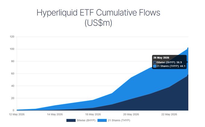In the image, there's a graph showing the rise of HYPE ETF (HYPERLIGHTIED ETHEFTS) against the market cap of THYP crypto. It shows that over the first 10 days after the launch, HYPE just reached $100M in total inflows, while THYP has already attracted more than 1.04% of the fund's market cap. The graph is set on a white background with blue and gray lines representing the rise of each ETF's market value.
