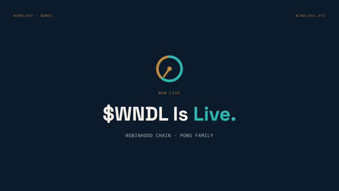 A promotional graphic on dark background announcing '$WNDL Is Live' on Robinhood Chain, by Pons Family, with 'WINDLASS.XYZ' branding.