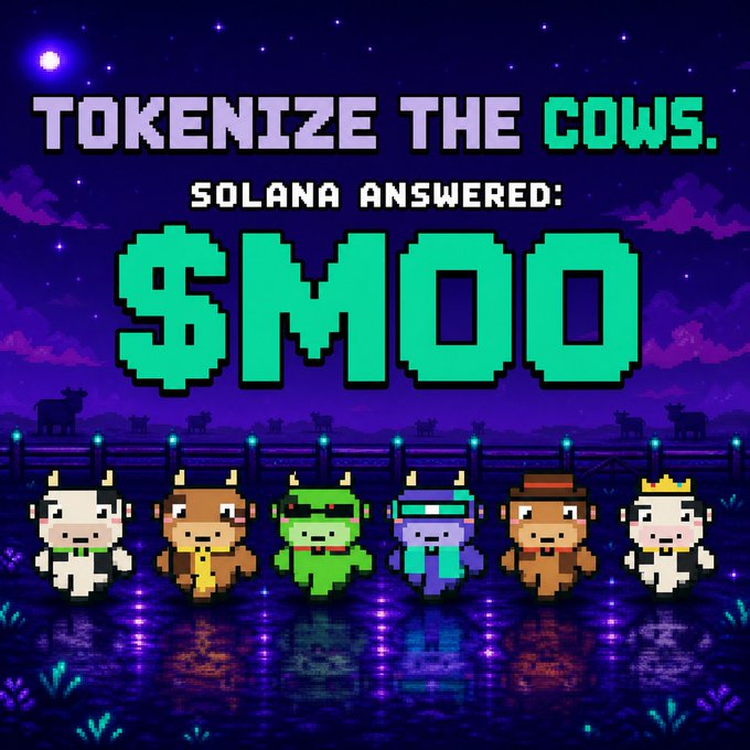A pixel-art style image with the text 'TOKENIZE THE COWS. SOLANA ANSWERED: $MOO' showing six cartoon cow characters standing in a row against a starry night background.