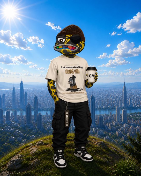 A 3D character with a beanie and sunglasses stands on a cliff overlooking a city, wearing a t-shirt reading "Let understanding GUIDE YOU" and holding a "GM" coffee cup.