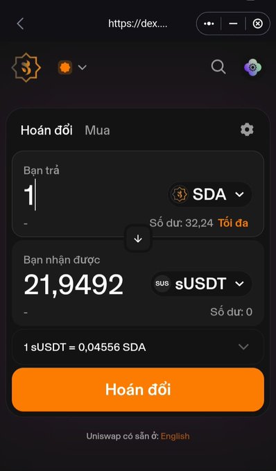 The image shows a Uniswap swap interface displaying an exchange rate of 1 SDA = 21.9492 sUSDT, with the user selling 1 SDA to receive sUSDT tokens. This visually confirms the post's calculation that 1 SDA is worth approximately 22 sUSDT, which would translate to roughly $22 if sUSDT maintains a 1:1 peg with USDT.