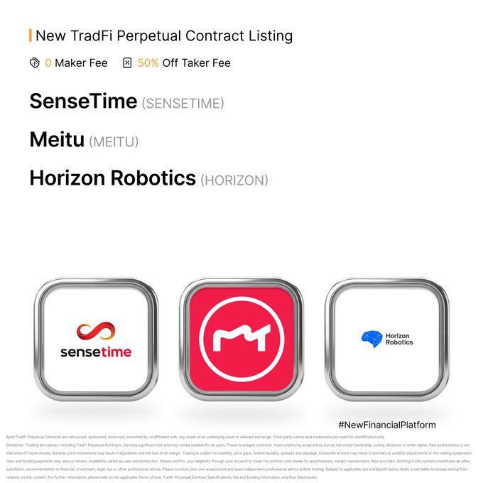 Bybit announces the listing of three new TradFi Perpetual Contracts—SenseTime ($SENSETIME), Meitu ($MEITU), and Horizon Robotics ($HORIZON)—with 0 Maker Fee and 50% off Taker Fee promotions.