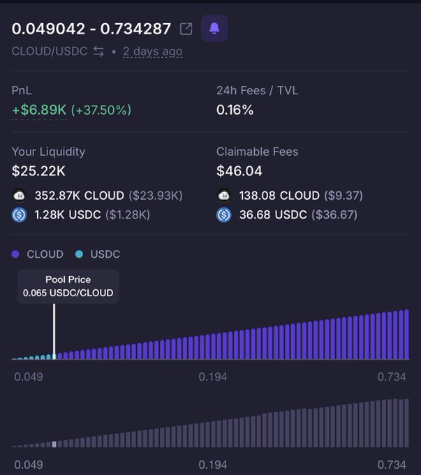 A cryptocurrency liquidity pool dashboard showing CLOUD/USDC with a PnL of +$6.89K (+37.50%), liquidity of $25.22K (352.87K CLOUD and 1.28K USDC), and a pool price of 0.065 USDC/CLOUD.