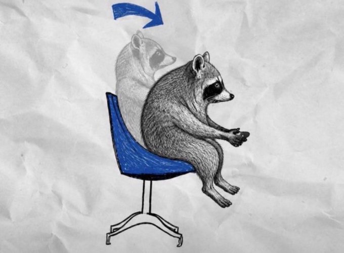 A detailed pencil drawing on crumpled paper depicts a raccoon sitting on a blue office chair while looking at a phone, with a faded "ghosted" outline of the raccoon appearing in the back of the chair and a blue arrow pointing to it. The whimsical illustration plays on the "rookie card" theme by humorously suggesting the ghosted raccoon is the highly sought-after rare version of the same character.