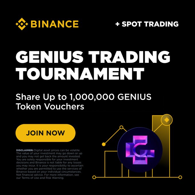 The image shows a banner advertisement for the trading platform Binance that features a blue and purple coin graphic. The advertisement also mentions an upcoming Genius Trading Tournament where participants can win token vouchers by sharing up to 1,000,000 GENIUS tokens with others. This event is aimed at attracting traders who are interested in competing against each other and potentially winning some exciting prizes.