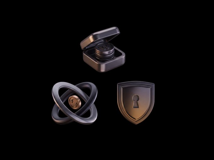 Three 3D-rendered metallic icons on a black background: a pair of earbuds in an open case, an atom-like orbital symbol, and a shield with a keyhole.