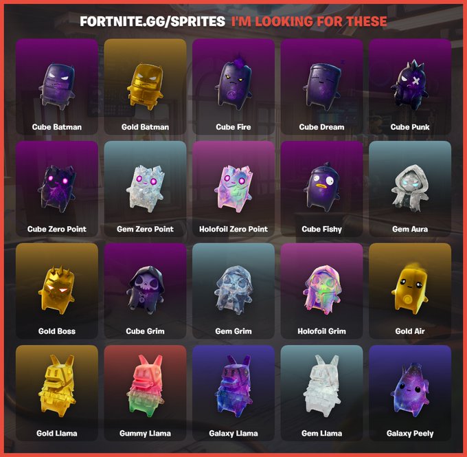 A grid displays 20 Fortnite sprites from fortnite.gg/sprites that the user is looking for, with specific interest in the Zero Point and Grim variants (Cube Zero Point, Gem Zero Point, Holofoil Zero Point, Cube Grim, Gem Grim, Holofoil Grim) which aligns with their request to be hooked up on ZP and Grim sprites.