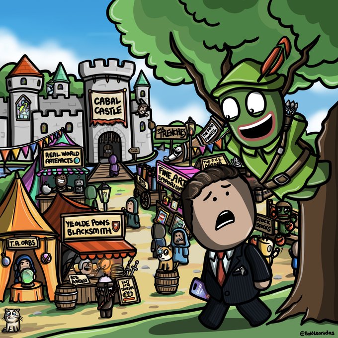 A shocked suited man flees a green-hooded archer in a vibrant medieval marketplace featuring stalls labeled "Cabal Castle," "Real World Antiques," "Ye Olde Fonz's Blacksmith," "T.A. Orbs," "Stock Chicks," and "Fine Art Emporium," matching the Web3 NFT collection "Into the Hood" by @boldleonidas, with 1,000 already minted at 0.01 ETH each.