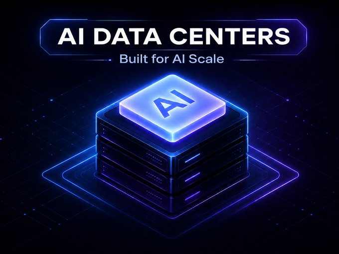 A dark, futuristic graphic titled 'AI DATA CENTERS - Built for AI Scale' showing glowing blue server stacks with an 'AI' chip on top.