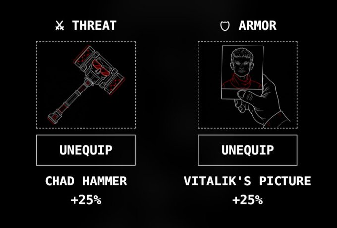 A game interface displaying equipped items: a 'CHAD HAMMER' (+25%) under the THREAT category and 'VITALIK'S PICTURE' (+25%) under the ARMOR category, both with 'UNEQUIP' buttons.