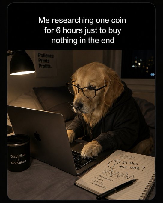 A humorous meme featuring a dog in glasses typing on a laptop with captions 'Me researching one coin for 6 hours just to buy nothing in the end' and motivational posters reading 'Patience Prints Profits' and 'Discipline > Motivation.'