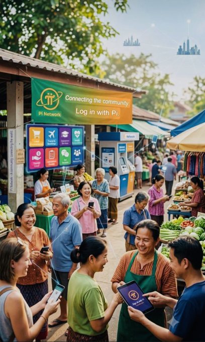 A bustling outdoor market scene shows diverse community members using Pi Network-enabled tablets and smartphones to browse a digital marketplace interface displaying the "Pi Network - Connecting the community - Log in with Pi" banner, illustrating the growing grassroots adoption of Pi as everyday people actively engage with the cryptocurrency in real-world transactions.

The image visually reinforces the post's message by depicting a transitional moment—while not yet a universal reality, the scene shows ordinary people across generations already exploring Pi payments at a local market, bridging the gap between skeptics and those embracing Pi as a daily medium of exchange.