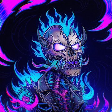 urn of fire, a skull with blue eyes and horns, and chains on its neck are depicted against a dark purple background.