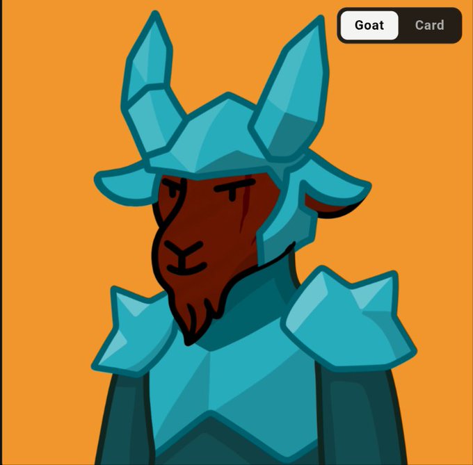 A cartoon illustration of a goat character wearing teal crystal armor with horns, displayed on an orange background with a "Goat Card" label in the top right.