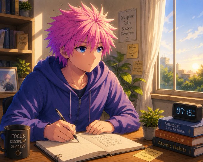 An anime-style illustration of a pink-haired boy in a blue hoodie writing in a notebook at a desk, surrounded by motivational notes reading 'Discipline Today Success Tomorrow', 'KEEP GOING', and books titled 'MINDSET IS EVERYTHING', 'THE 5 AM CLUB', and 'Atomic Habits'.