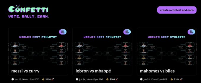The image shows a website called "confetti" with three different posts about sports events, specifically basketball games between two teams named "Lebron vs. Mabapee" and "Mhawes vs. Biles". The posts are arranged in a row on the website, providing information or details about these sports matches. The text of the posts includes phrases such as "running on @0xPolygon June 23-June 25", which indicates that the content is related to an event taking place during the month of June.