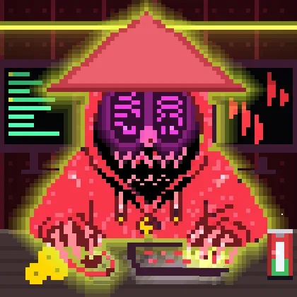 A hooded pixel-art figure in red robes with a purple digital face works at a laptop surrounded by glowing trading charts and a coffee mug. The image stylizes a crypto trader, matching the NFT sale post for "Tradooor #3385" sold for 0.049 WETH on OpenSea.