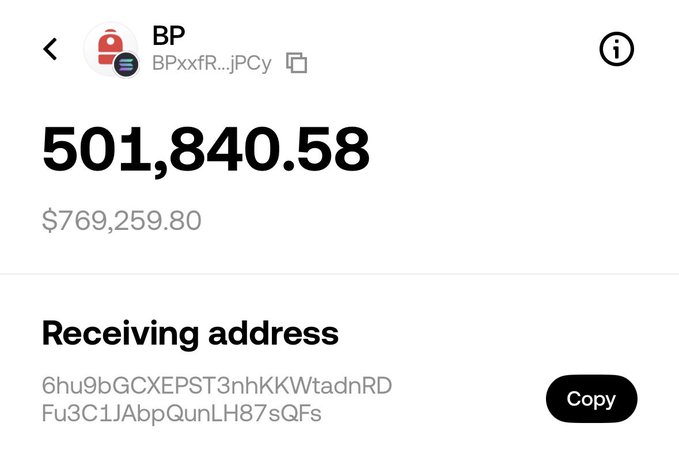 A cryptocurrency wallet interface shows a balance of 501,840.58 tokens (worth $769,259.80) under the name 'BP' with a Solana receiving address and copy button.