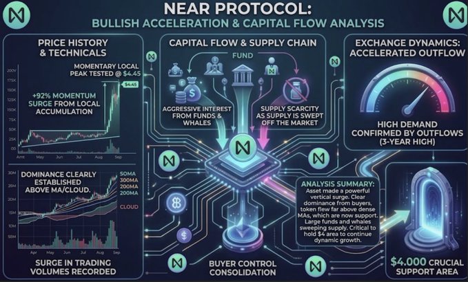 A financial infographic analyzing NEAR Protocol's bullish performance, highlighting key metrics including a +92% surge from local accumulation, a price peak tested at $4.45, and dominance clearly established above MA/cloud indicators. The dashboard illustrates aggressive interest and capital inflows from funds and whales alongside supply scarcity, with an analysis summary identifying $4 as the crucial support area to maintain upward momentum.