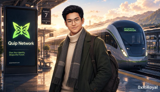 A digitally created promotional image showing a young man with glasses at a train station next to a Quip Network advertisement billboard, with a modern train labeled 'NEXT DESTINATION INNOVATION' in the background.