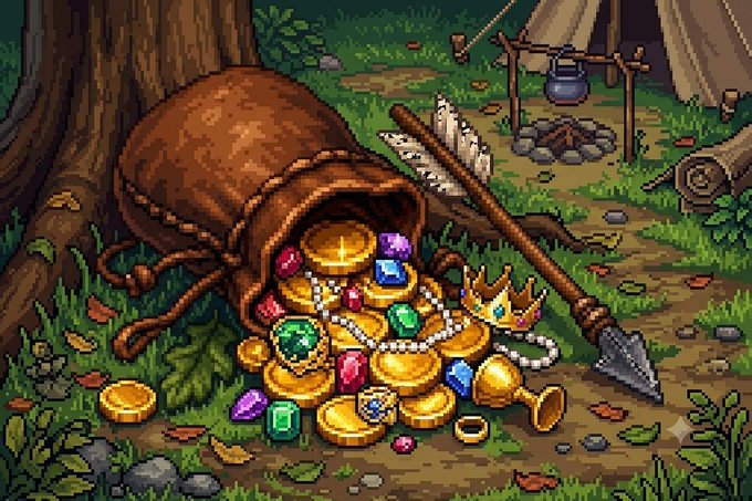 Pixel art showing a brown leather pouch overflowing with gold coins, gems, a crown, and a pearl necklace, with a sword and axe lying nearby in a forest camp setting.