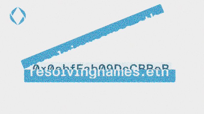 The image shows a blue, grainy graphic featuring a stylized line/beam above the text "resolvrFingnanS.RR" and a small diamond logo in the corner, representing the ENS Universal Resolver. This visual relates to the post by symbolically depicting the resolver "beam" that silently powers the seamless lookup experience behind ENS names, connecting names to their correct addresses, avatars, or profiles without users needing to think about it.