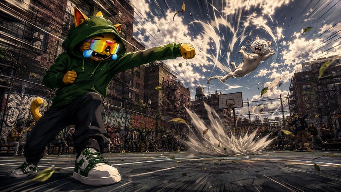An anime-style illustration of a cat character in a green hoodie and goggles playing basketball on an outdoor court while another cat flies through the air amid a burst of energy.