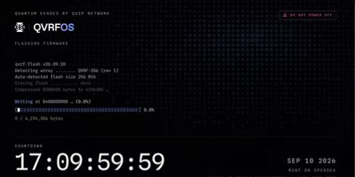 A terminal screen displays "QUANTUM ECDHES BY QUIP NETWORK" with a firmware flashing progress bar and a countdown timer reading 17:09:59:59.