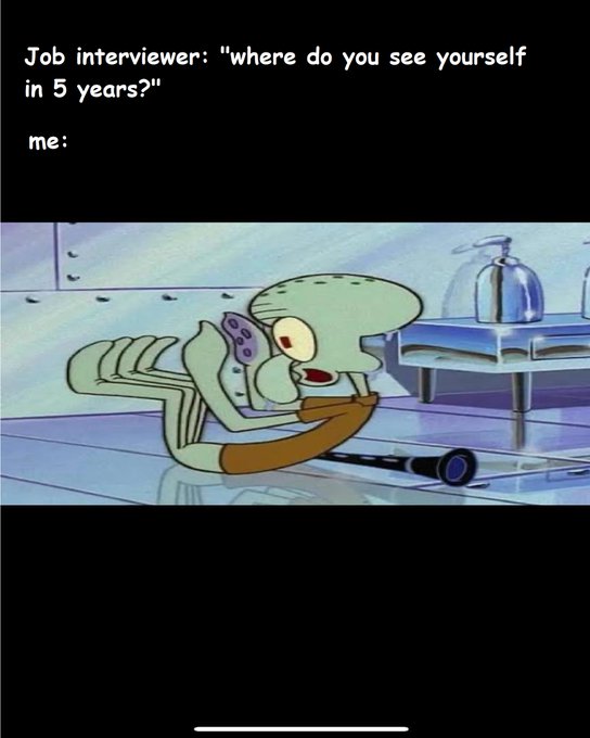 Squidward from SpongeBob SquarePants lies face-down on the floor of his workplace in defeat, under the caption "Job interviewer: 'where do you see yourself in 5 years?' me:" — humorously depicting a pessimistic, burnt-out outlook on career trajectory that mirrors the post's message about how overcomplicated projects often collapse under their own weight while simple, common-sense solutions prevail.