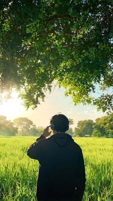 An anime-style illustration of a person with dark hair and headphones standing under a large leafy tree, looking out over a sunlit green field.