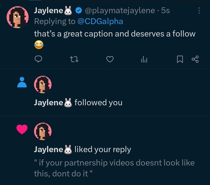 The image shows a screenshot from a Twitter account, where three posts are displayed side by side with different messages. The first message reads "Kaylene" followed by "FRILLY! Followed you", indicating that Kaylene has followed her. The second message is about a game called "cdgalapha". The third message is a response to the first post, stating that it's a great caption and deserves a follow.