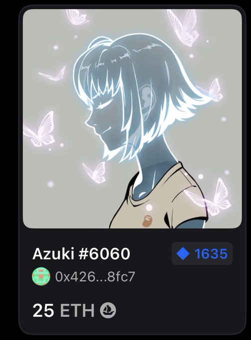 NFT listing for Azuki #6060 showing a profile illustration of a blue-haired anime-style character with glowing butterflies, priced at 25 ETH.