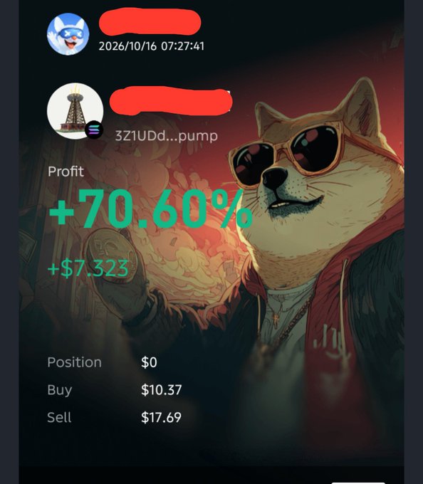 A trading app screenshot dated 2026/10/16 shows a +70.60% profit (+$7.323) on a memecoin ticker ending in "pump," overlaid on a Shiba Inu wearing sunglasses.