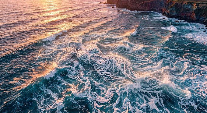An aerial view of turbulent ocean waves with white foam swirling through blue-green water, set against a sunset reflecting golden light on the surface near rocky cliffs.