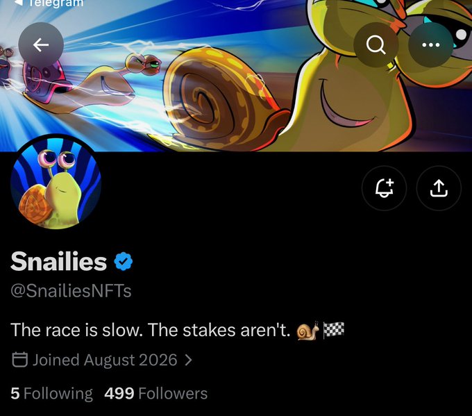 A Telegram profile page for 'Snailies' (@SnailiesNFTs) featuring a cartoon snail banner and avatar, with the bio 'The race is slow. The stakes aren't. 🐌🏁', joined August 2026, showing 5 following and 499 followers.