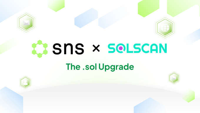 A promotional graphic with green and blue hexagonal shapes that reads 'SNS x SOLSCAN' and 'The .sol Upgrade'.