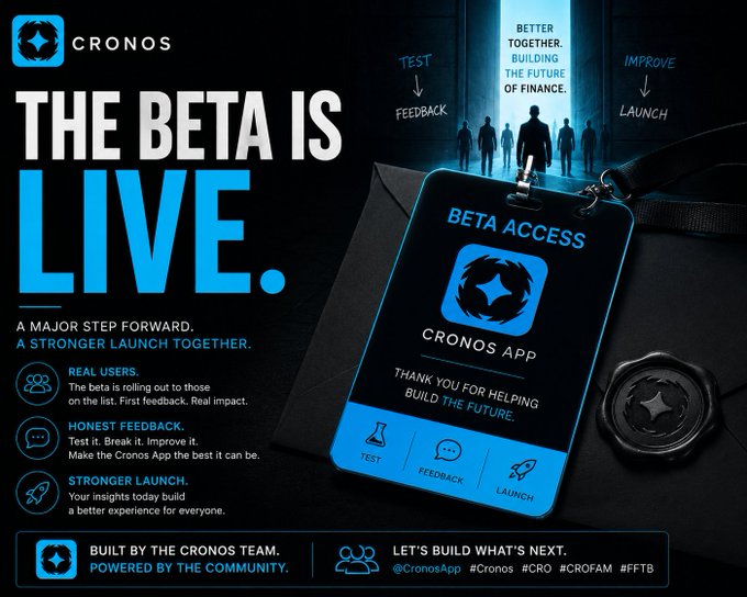 A promotional graphic for the Cronos beta launch featuring 'THE BETA IS LIVE' headline, a Cronos App beta access badge with the cycle 'TEST → FEEDBACK → IMPROVE → LAUNCH', and taglines about real users, honest feedback, and stronger launch.