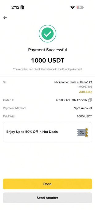 A mobile payment confirmation screen shows a successful transfer of 1000 USDT to user 'tania sultana123' (ID 1192957306) via Spot Account, with Order ID 4558566987871127296.