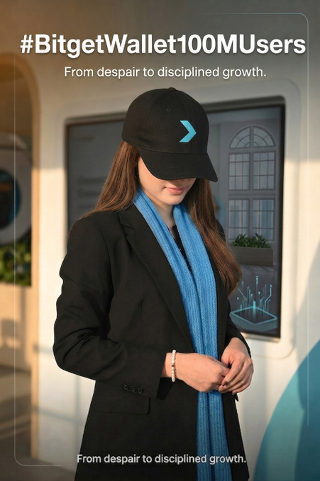 A promotional image for #BitgetWallet100MUsers showing a woman in a black coat, blue scarf, and black cap, with the tagline 'From despair to disciplined growth.'