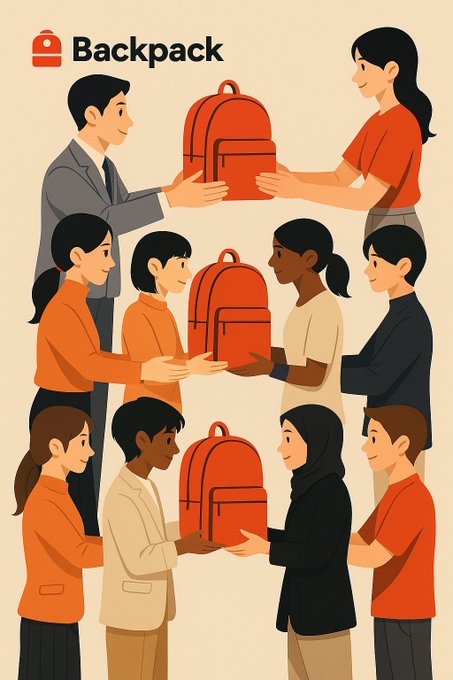 A poster labeled "Backpack" with a backpack icon, showing diverse groups of people exchanging red backpacks. It visually symbolizes Backpack's role in supporting users during extreme market conditions, like the trader's liquidation experience.