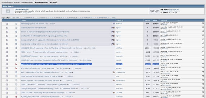 A screenshot of a Bitcoin Forum thread on Alternative Cryptocurrencies, showing a thread titled 'Announcement: thread for tokens, which are altcoin-like things built on top of other cryptocurrencies' with various posts.