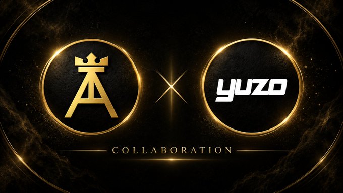 A luxury-style promotional graphic features two golden circular emblems with the text 'A' and 'yuzo' separated by an 'X,' with 'COLLABORATION' written below against a dark, smoky background.