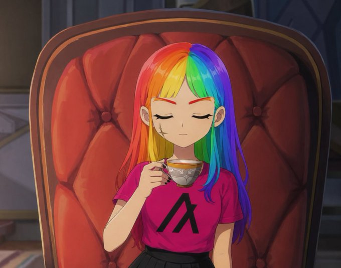 An anime-style illustration depicts a girl with rainbow-colored hair wearing a pink shirt with a Lambda symbol, peacefully sipping tea while seated in a red tufted chair.