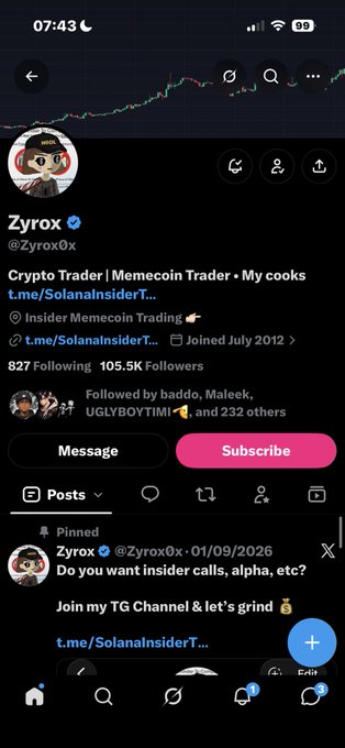 A screenshot of an X (Twitter) profile for 'Zyrox' (@Zyrox0x), a Crypto Trader and Memecoin Trader, with 105.5K followers, displaying a pinned post asking 'Do you want insider calls, alpha, etc?'
