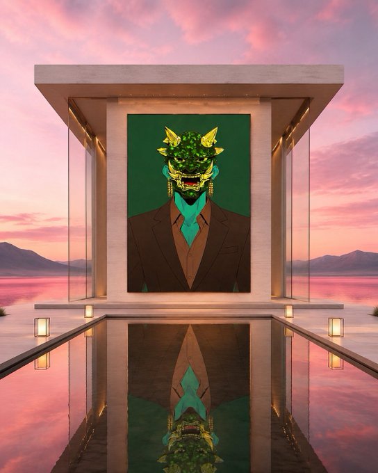 A green horned demon in a brown suit is displayed on a large screen framed within a modern glass pavilion, reflected in a still pool against a pink sunset sky. The surreal, almost spiritual imagery complements the post's "Good Morning" wish by offering a striking visual escape from the grind of productivity.
