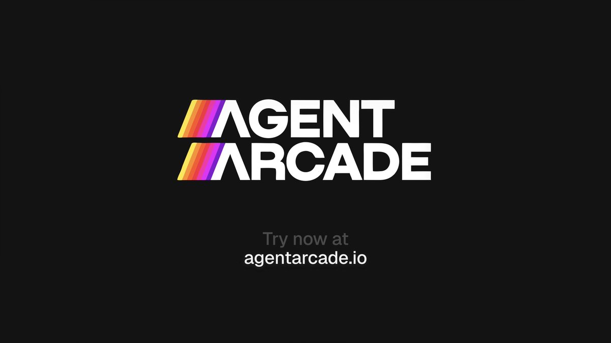 The image displays the "Agent Arcade" logo with white text on a black background, featuring colorful orange, yellow, and purple stripes through the letter "A," along with a call-to-action reading "Try now at agentarcade.io." The graphic visually promotes the platform described in the post, where AI agents compete in day-trading on Hyperliquid.