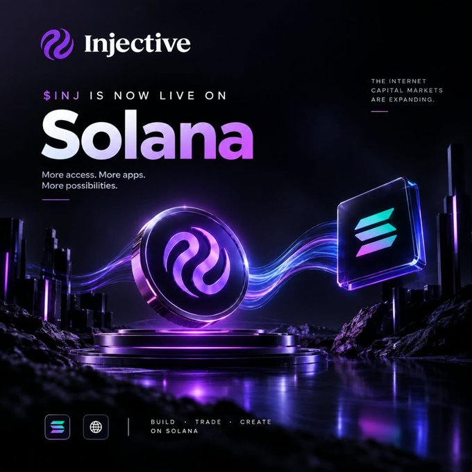 An Injective promotional poster announcing "$INJ IS NOW LIVE ON Solana" with the tagline "More access. More apps. More possibilities." and "THE INTERNET CAPITAL MARKETS ARE EXPANDING," featuring neon purple and blue 3D rendered coins and logos.