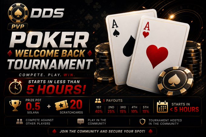 The image features a poker tournament poster for ODDS. The poster includes two playing cards, one with an Ace of Spades and the other with a Joker card, both displaying red hearts. It indicates that there are 5 hours remaining before doors close, and the winning players will be given free prizes worth $5 each.